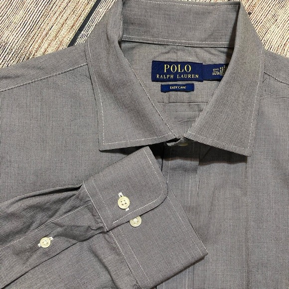 Polo Ralph Lauren Mens 17.5 34/35 Easy Care Button Up‎ Shirt Black Houndstooth - Picture 1 of 7